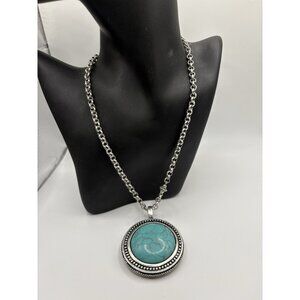 Chicos Silver Tone Faux Turquoise Round Pendant Necklace Western Boho Reversible